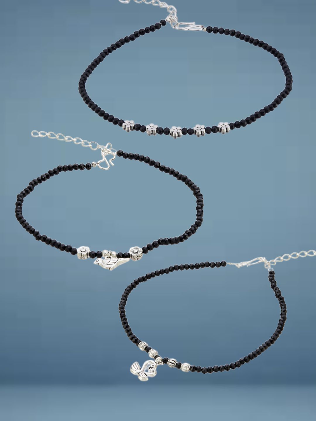 ATIBELLE Set Of 3 Silver-Plated Artificial Beaded Anklet