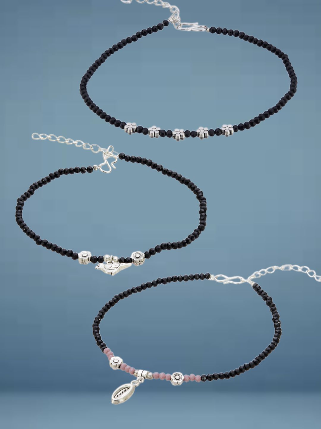 ATIBELLE Set Of 3  Silver-Plated Artificial Stones Studded And Beaded Anklet