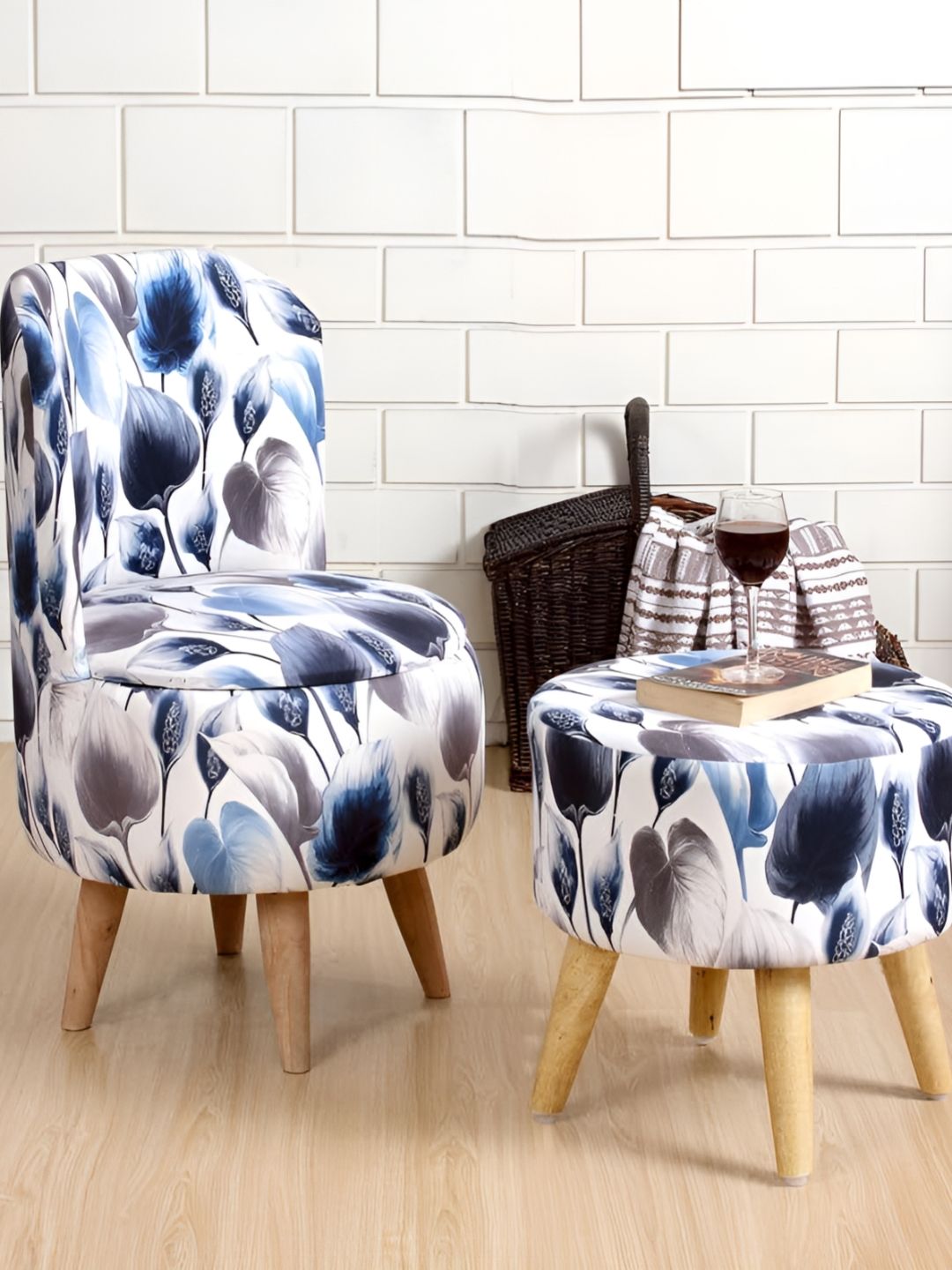 Shadowkart Set Of 2 Blue & White Printed Wooden Pouffes Sitting Ottomans-picture-30