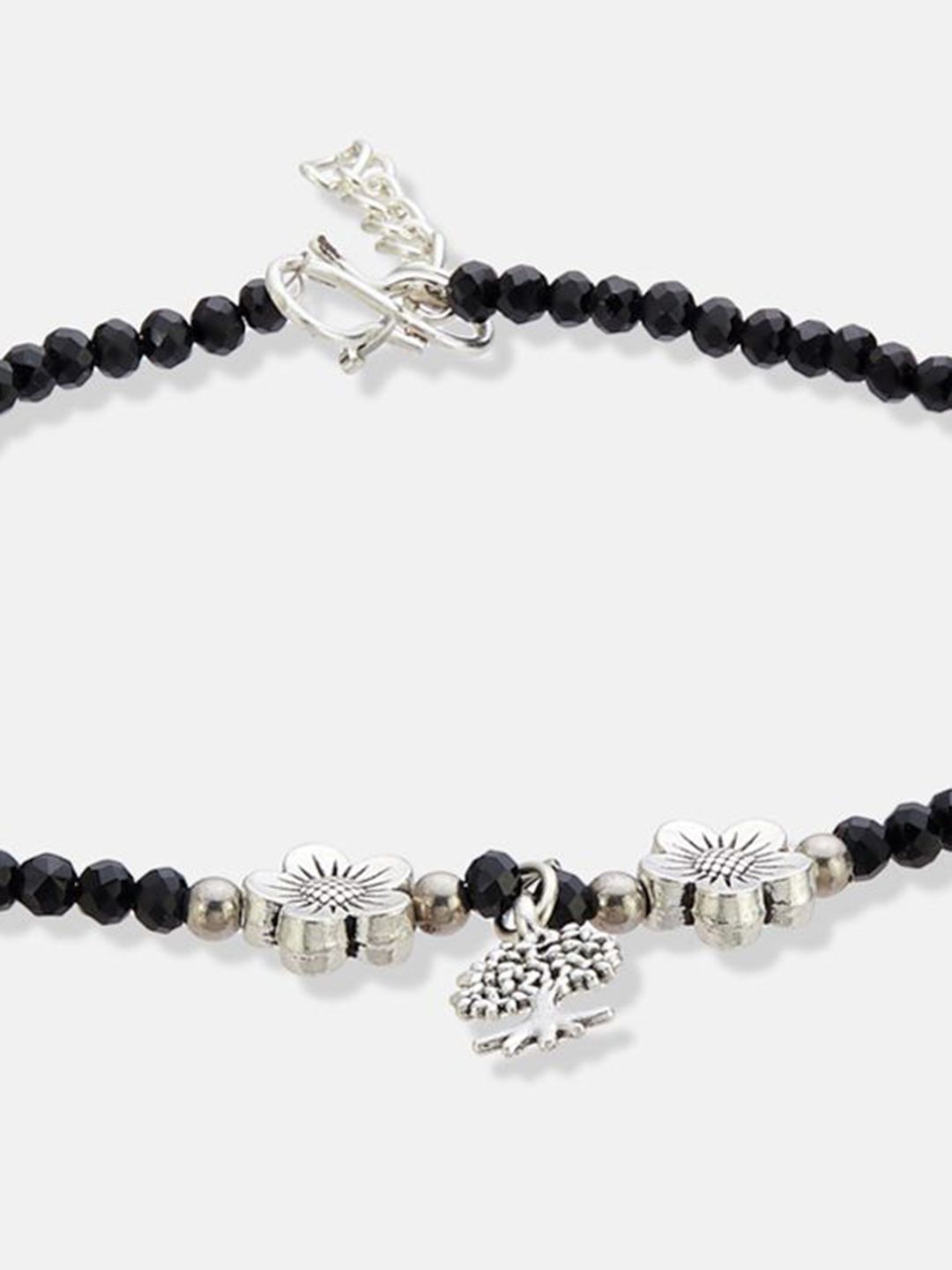 ATIBELLE Set Of 2  Silver-Plated Artificial Stones Studded And Beaded Anklet