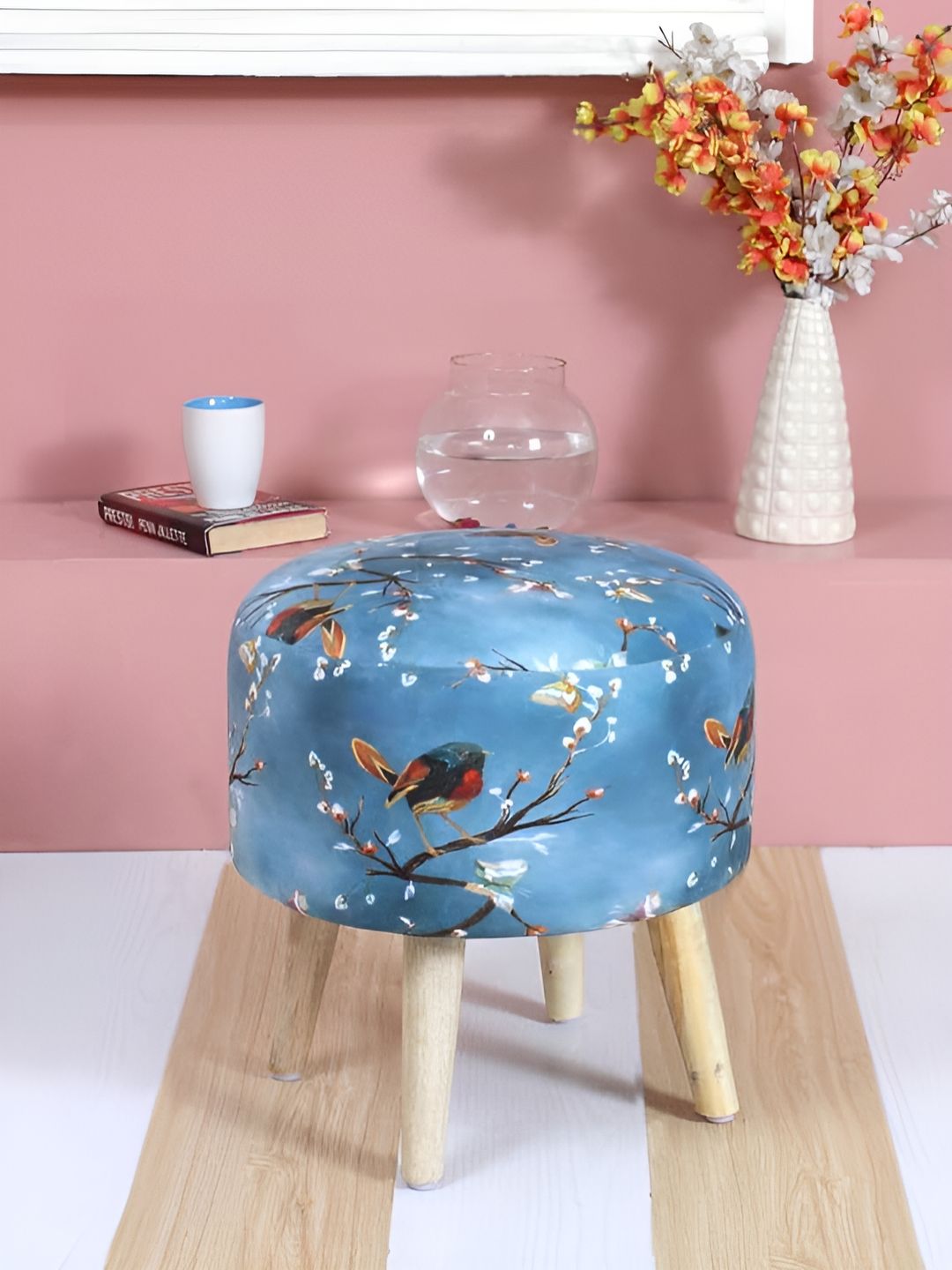 Shadowkart Blue & Red Printed Wooden Round Shaped Ottomans-picture-24