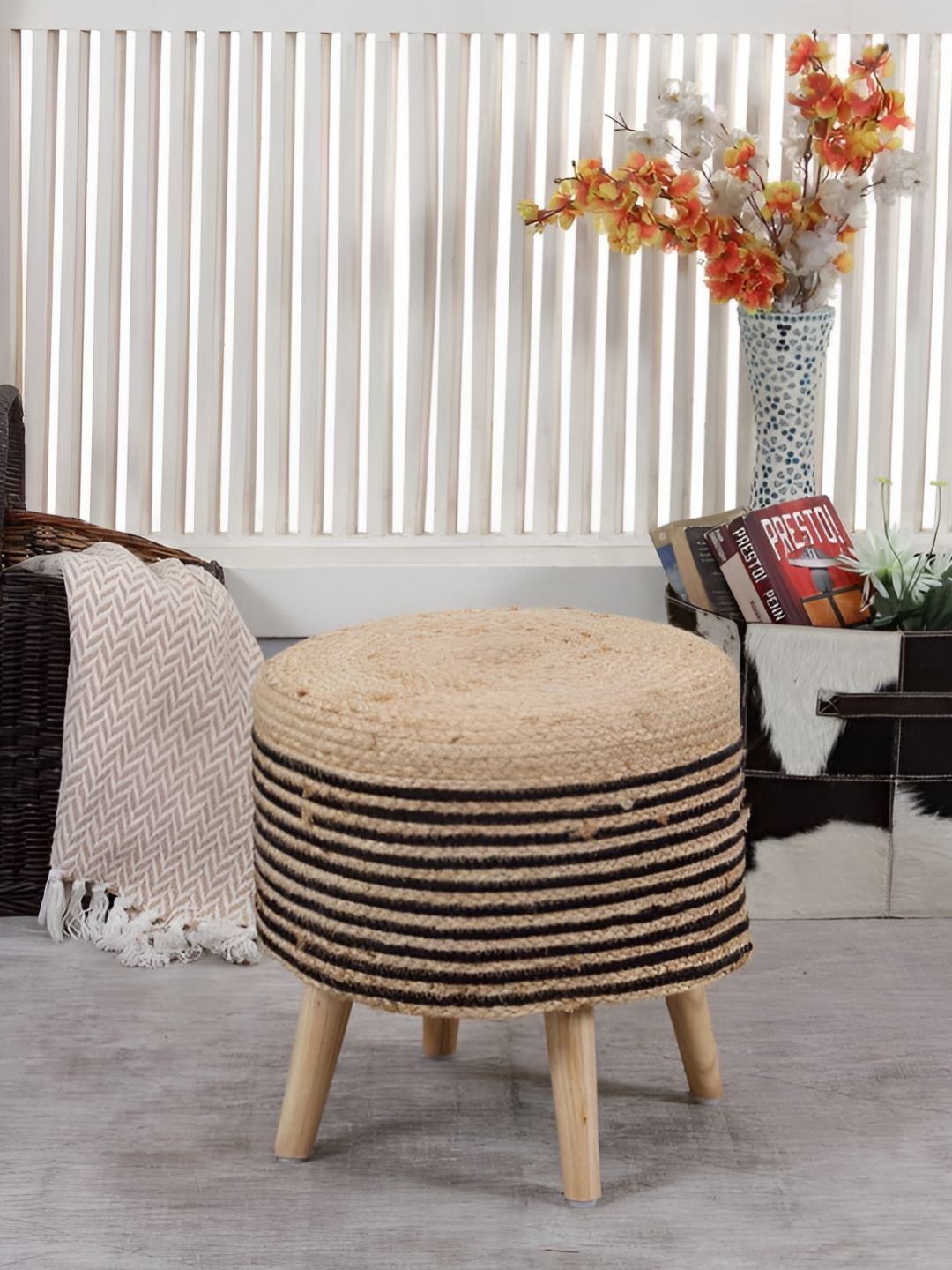 Shadowkart Black Wooden Mudda Pouffe Ottoman-image-35