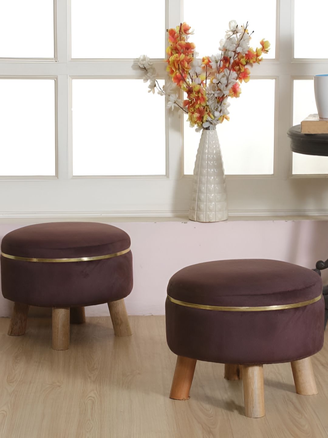 Shadowkart Brown Velvet Round Ottomans-picture-19