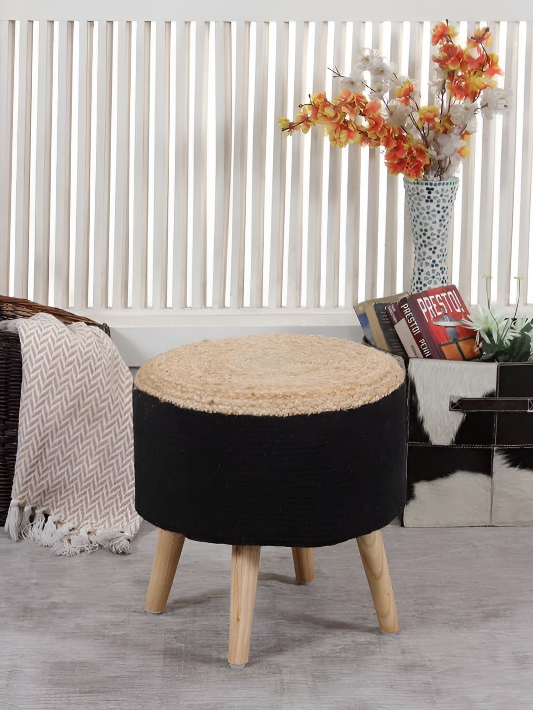 Shadowkart Black & Beige Wooden Pouffe Ottoman-image-15