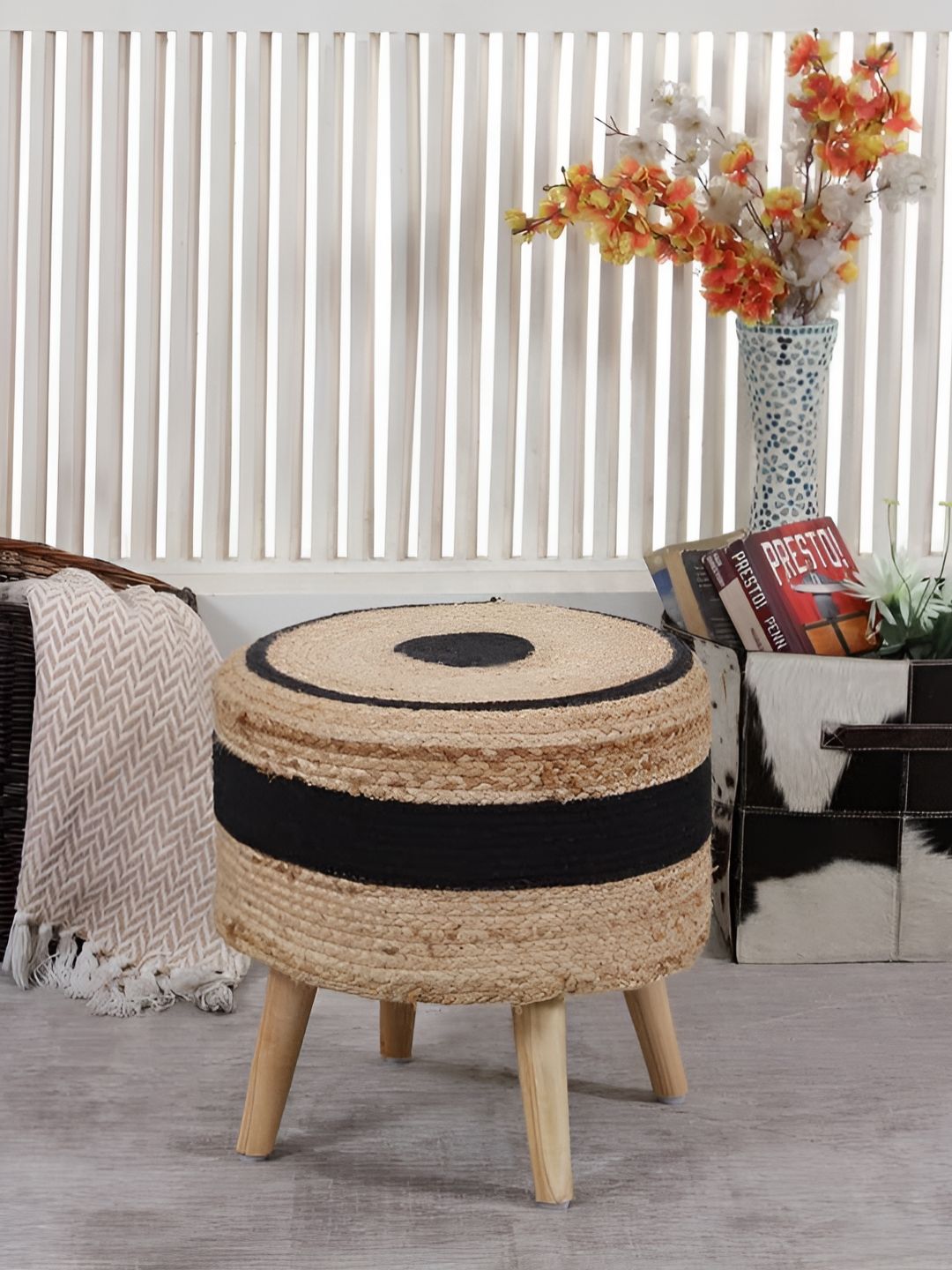 Shadowkart Beige & Black Colourblocked Wooden Pouffe Ottoman-image-37
