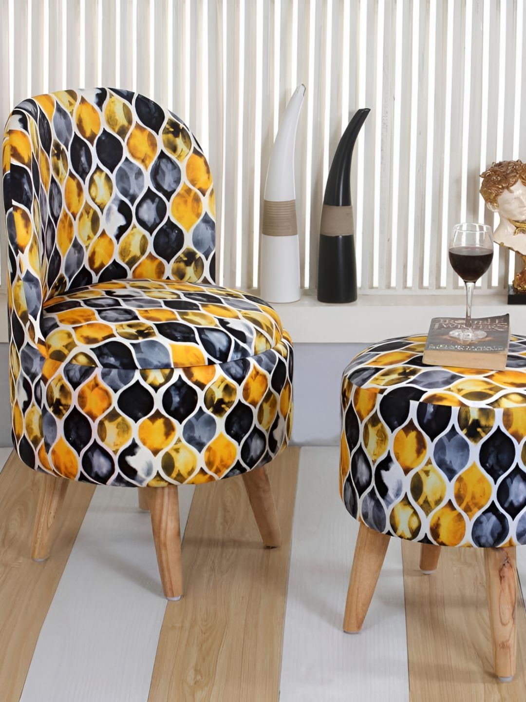 Shadowkart 2Pc Blue & Yellow Wooden Mudda Pouffe Ottoman-image-4