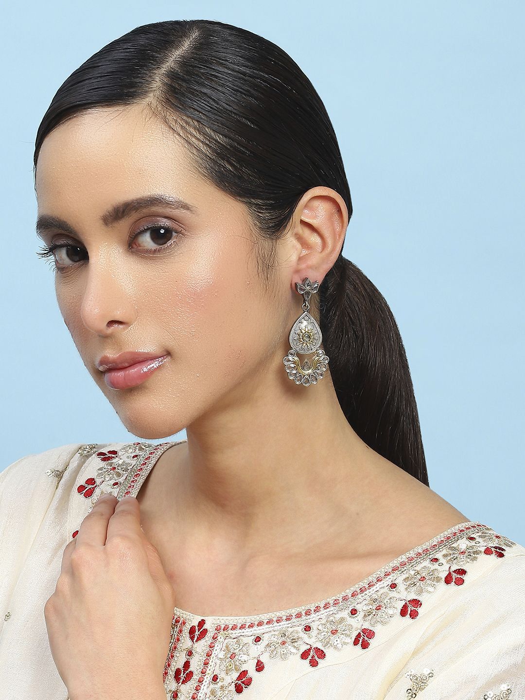 Biba Artificial Stones Studded Teardrop Shaped Oxidised Drop Earrings-picture-32