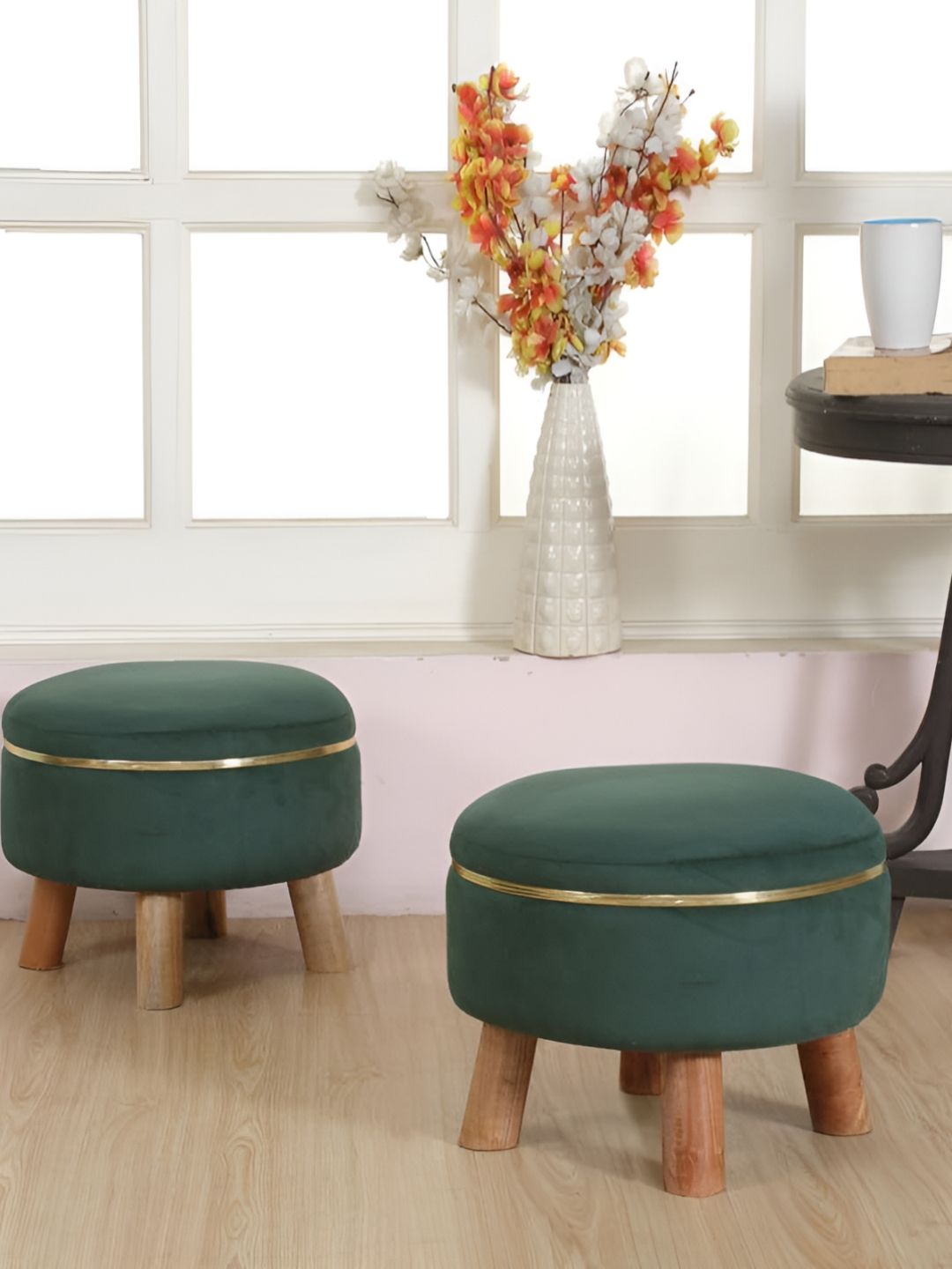 Shadowkart Set Of 2 Teal-Green & Brown Wooden Ottomans-picture-27