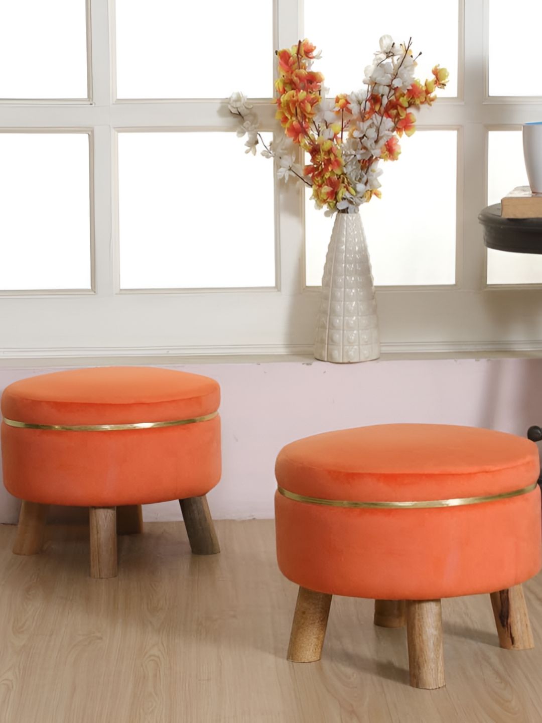 Shadowkart Set Of 2 Orange Coloured Wooden Round Shaped Ottomans-picture-11