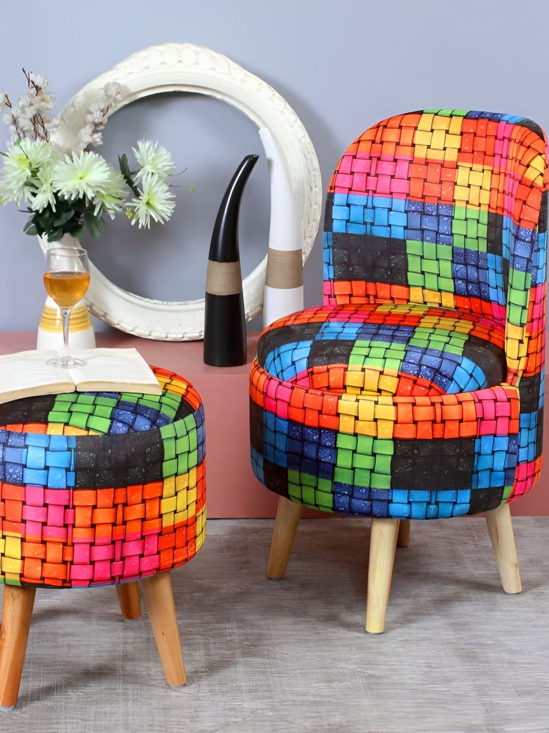 Shadowkart 2Pc Blue & Black Wooden Mudda Pouffe Ottoman-image-37