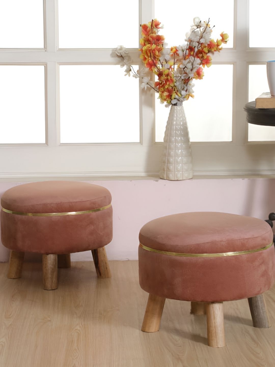 Shadowkart 2Pc Maroon Wooden Mudda Pouffe Ottoman-image-19