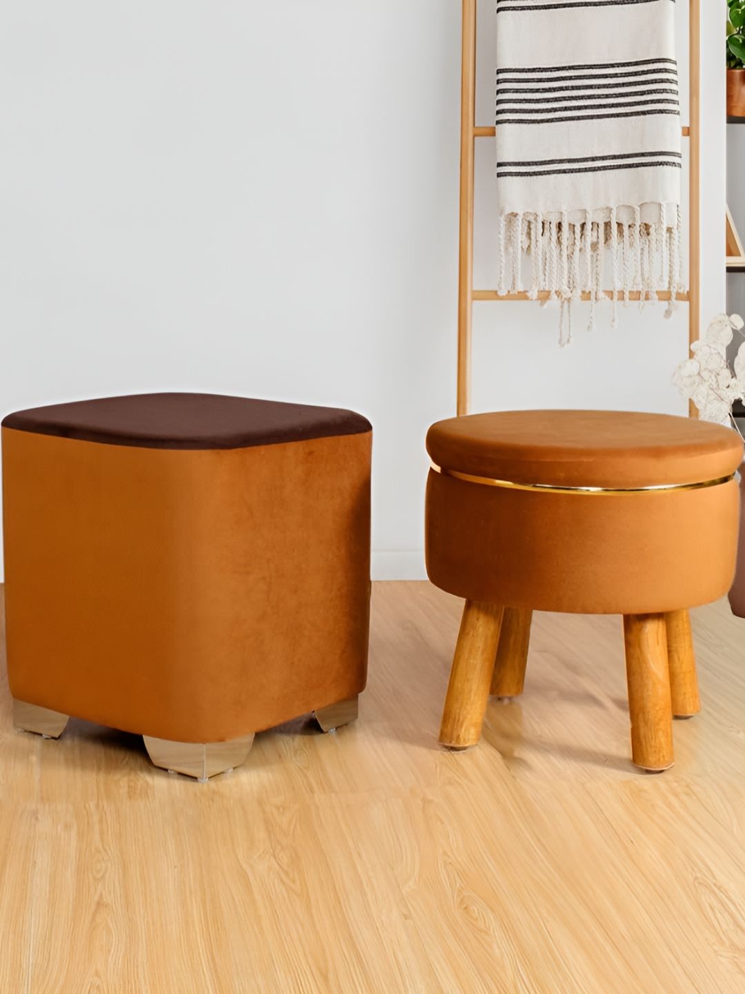 Shadowkart Brown 2 Pieces Wooden Mudda Pouffe Round Ottoman-image-14