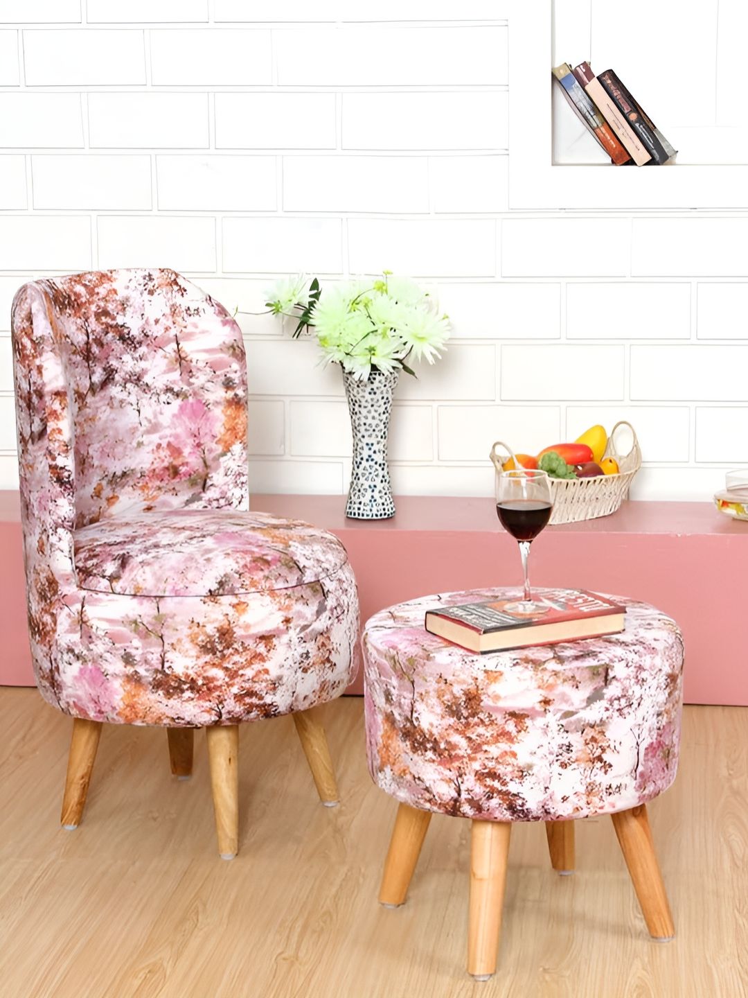 Shadowkart White & Pink Floral Printed Wooden Pouffes Sitting Ottomans-picture-54