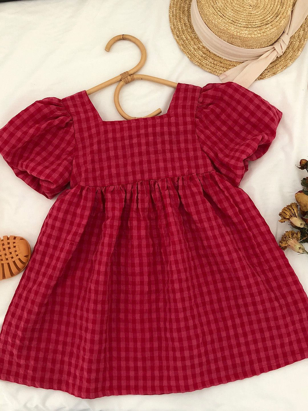 JC SPARKLE Girls Cotton Square Neck Checked Flutter Sleeve Fit & Flare Dress-image-17