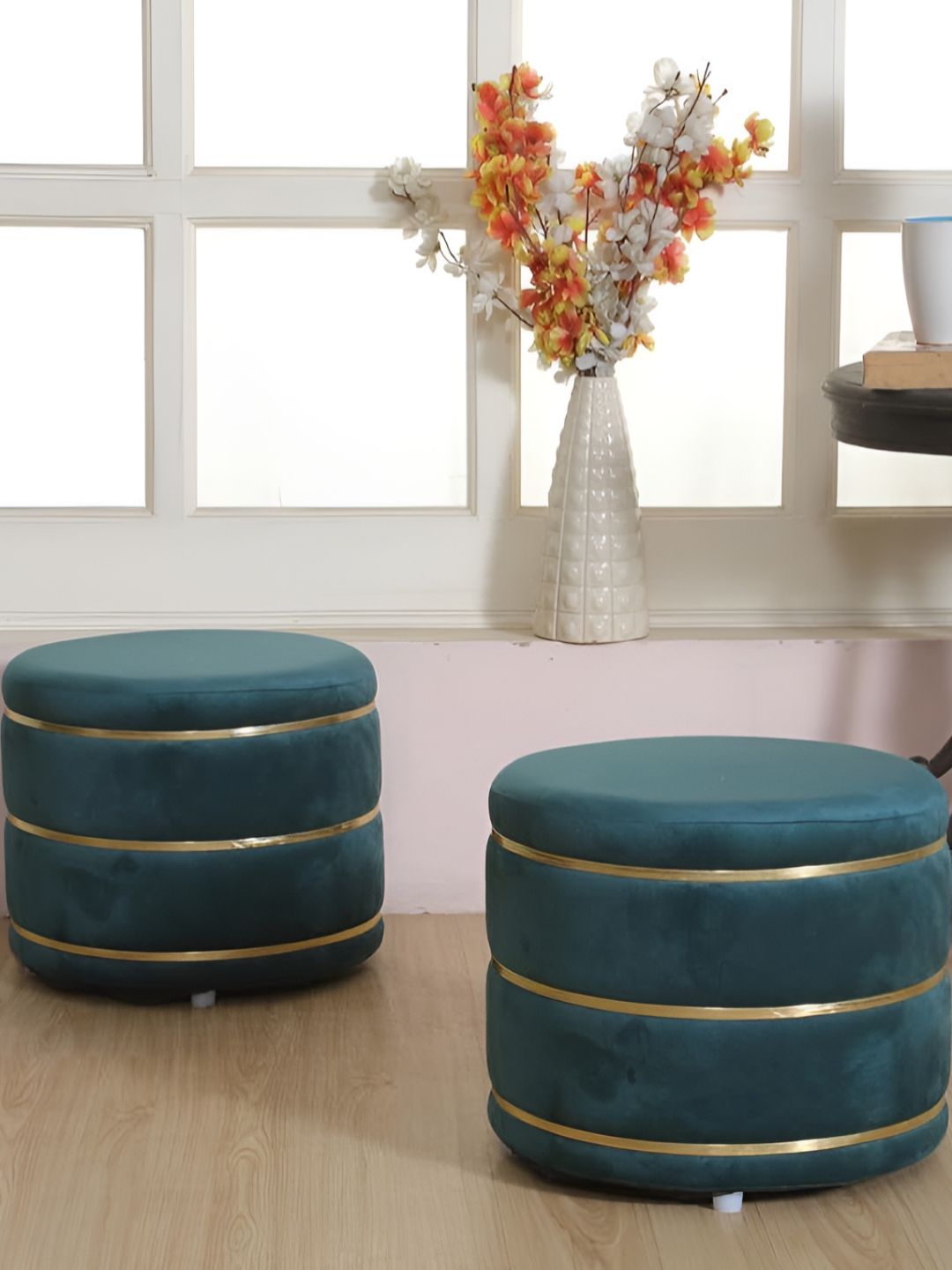 Shadowkart 2 Piece Sea Green Wooden Mudda Pouffe Ottoman-picture-16