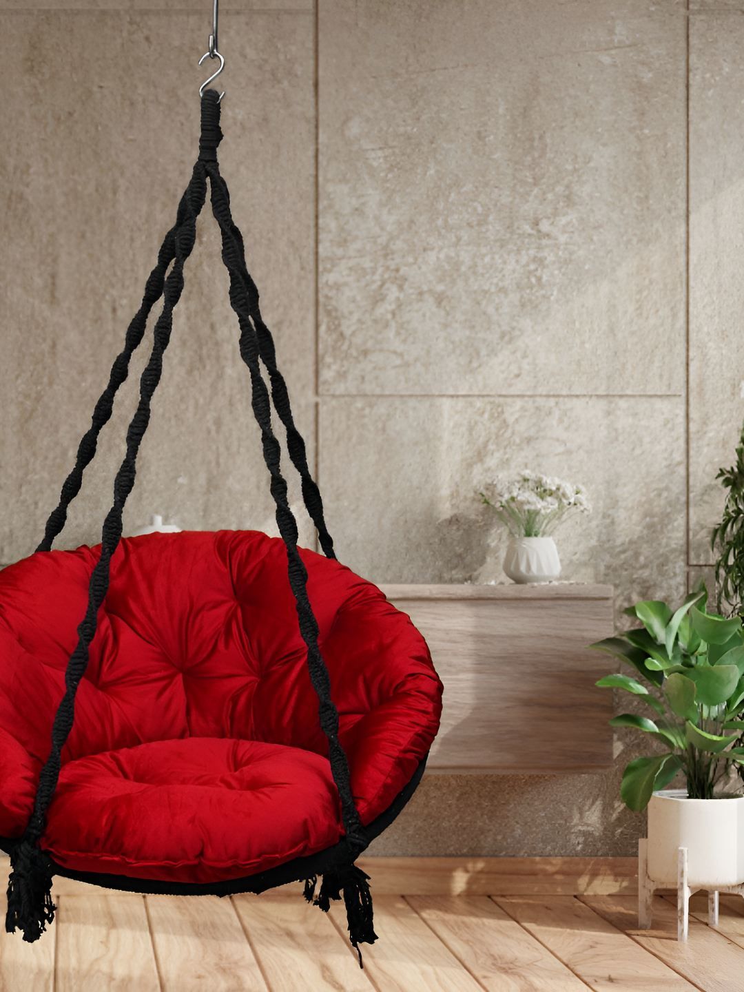 Patiofy Black & Red Cotton Round Comfortable Hammock Swing Chair With Cushion-picture-48