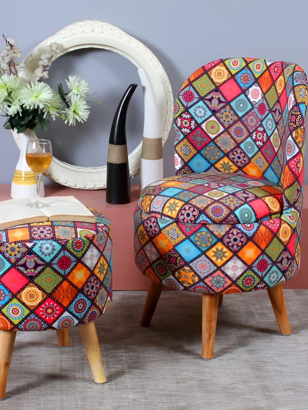 Shadowkart Set Of 2 Pink & Blue Printed Wooden Ottomans-image-11