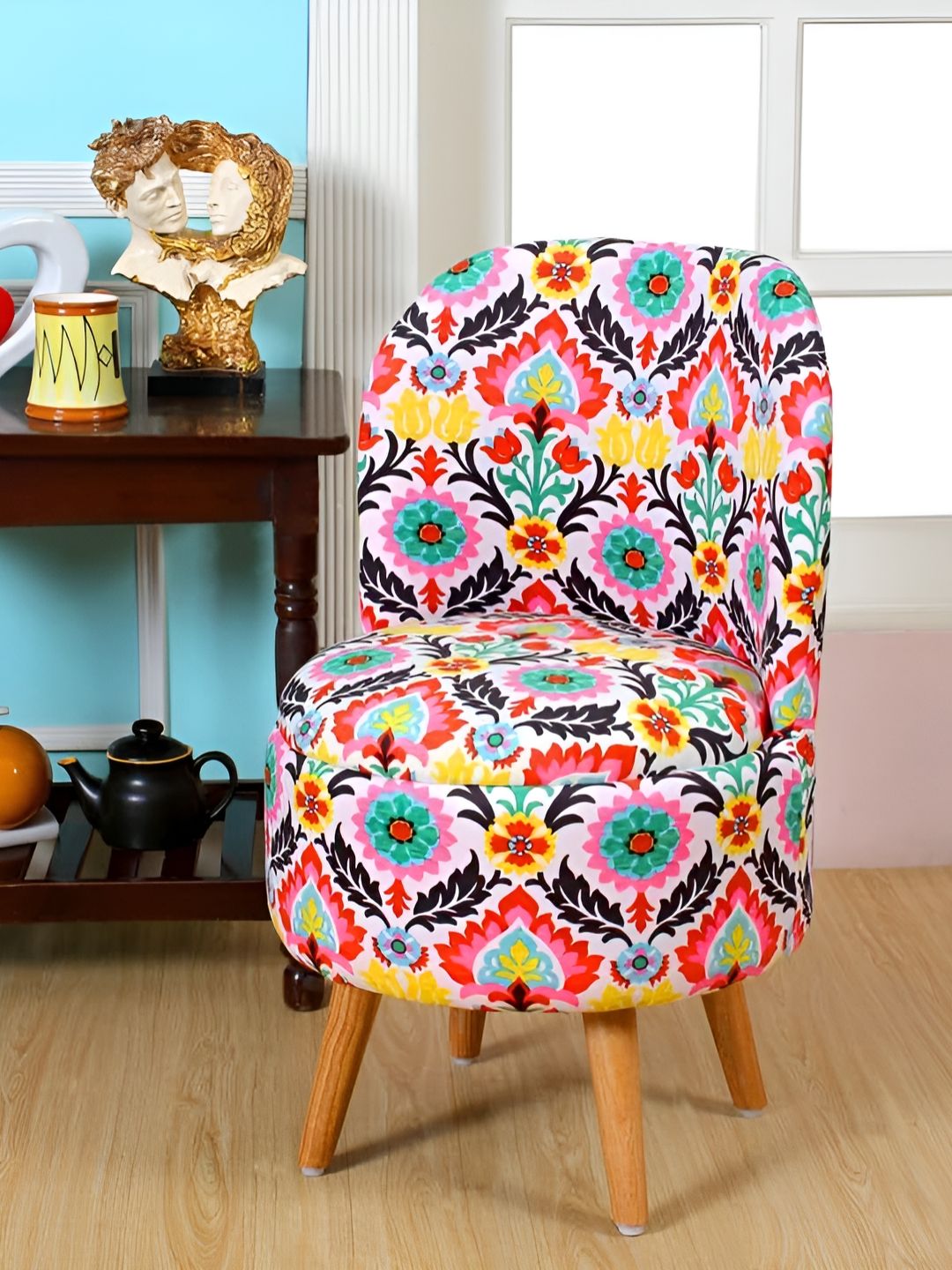 Shadowkart Pink & Green Floral Printed Wooden Cylindrical Shaped Ottomans-image-43