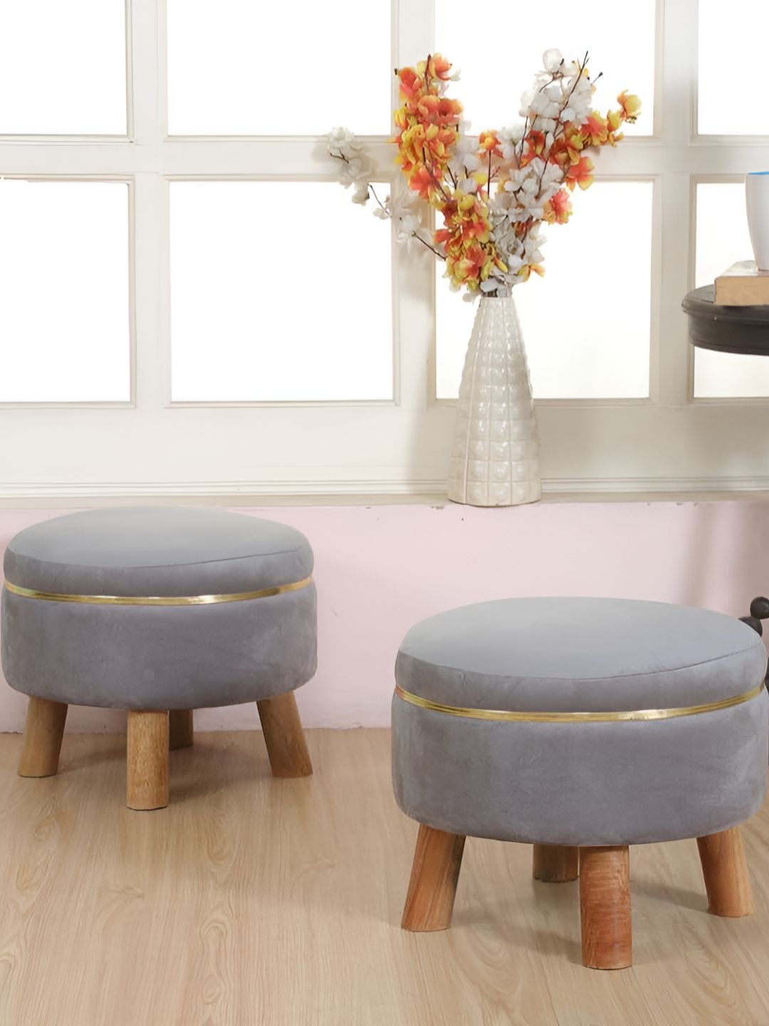 Shadowkart Set Of 2 Grey Wooden Round Shaped Ottomans-picture-37