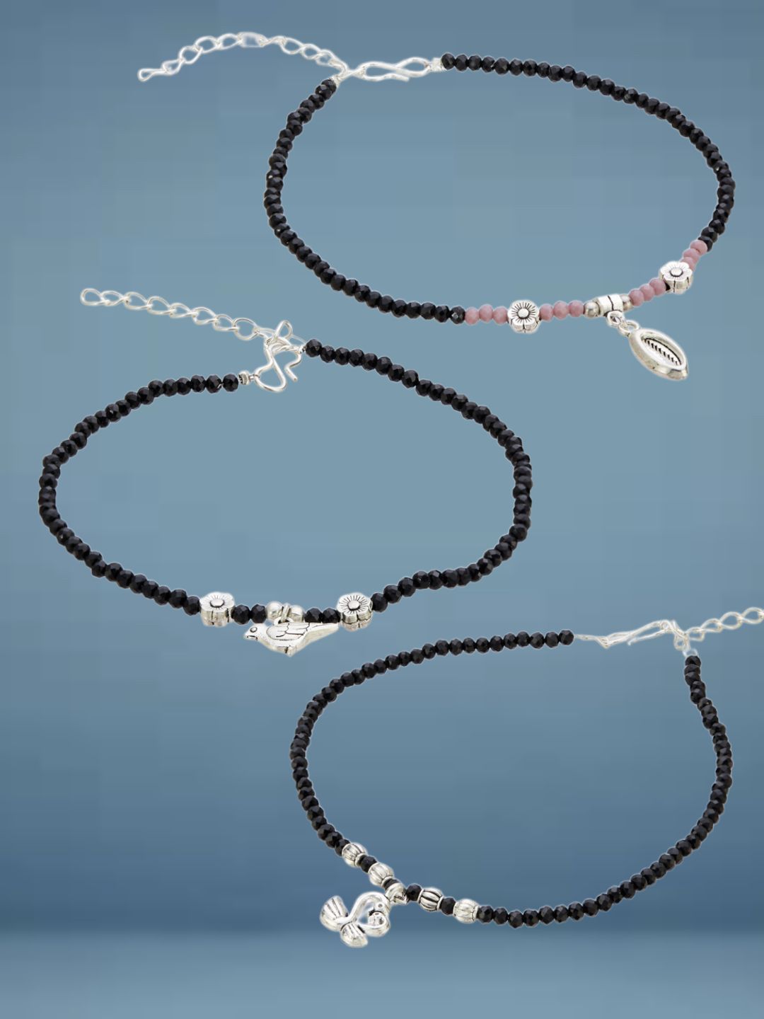 ATIBELLE Set Of 3  Silver-Plated Artificial Stones Studded And Beaded Anklet