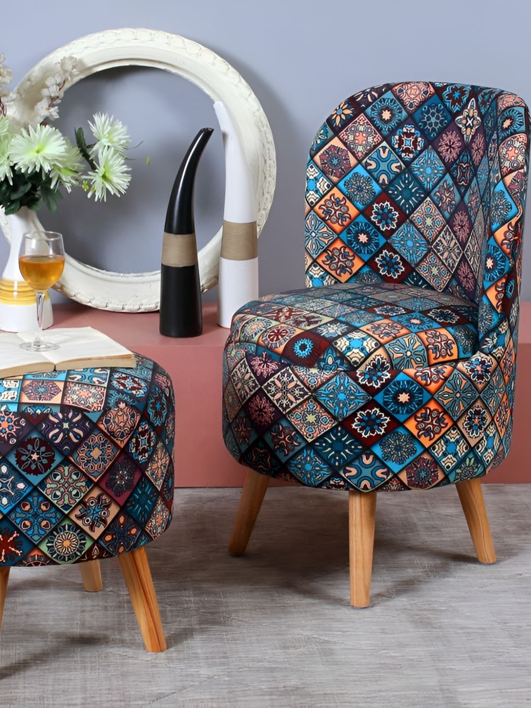 Shadowkart 2 Piece Blue Wooden Mudda Pouffe Ottoman-image-40