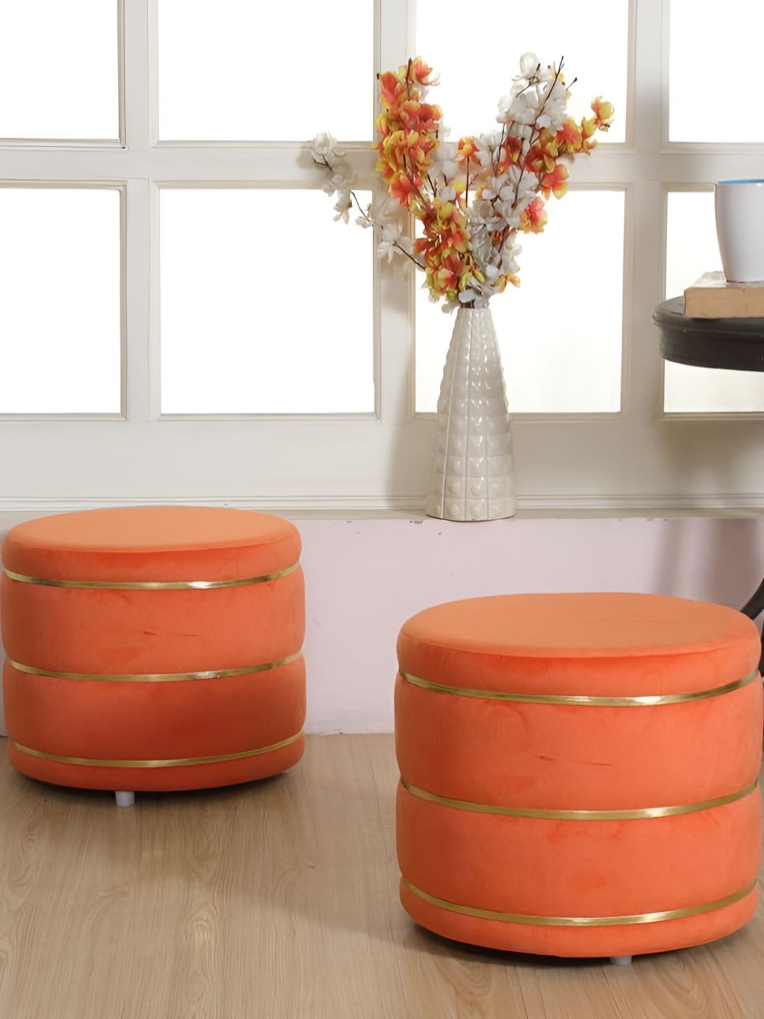 Shadowkart Orange Coloured Wooden Round Shaped Ottomans-picture-36