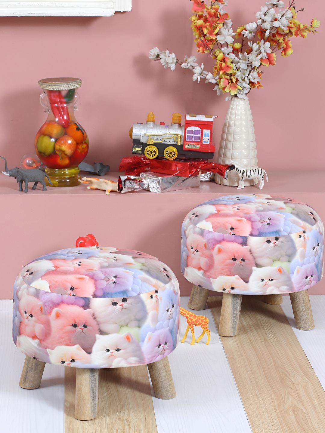 Shadowkart 2Pc Blue & Pink Wooden Mudda Pouffe Ottoman-image-18