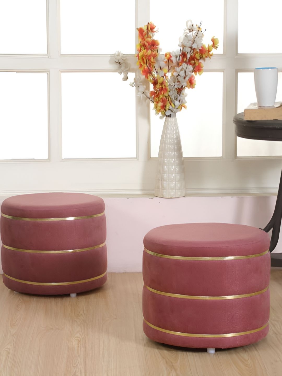 Shadowkart 2 Piece Maroon Wooden Mudda Pouffe Ottoman-image-15