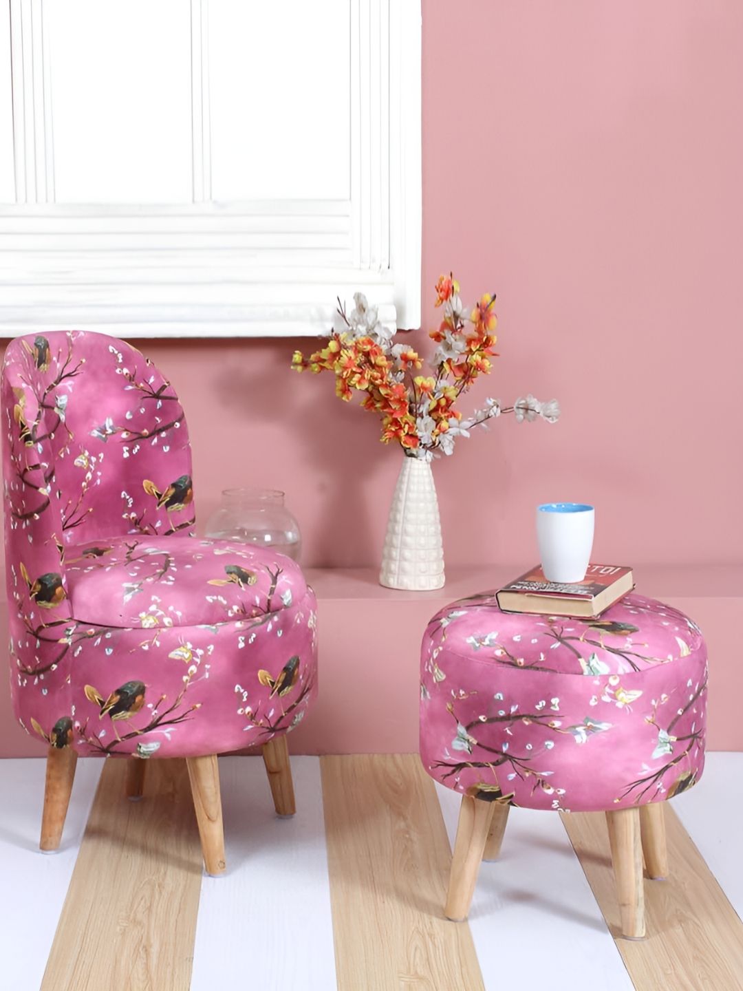 Shadowkart Set Of 2 Magenta-Pink & Brown Printed Wooden Ottomans-image-34