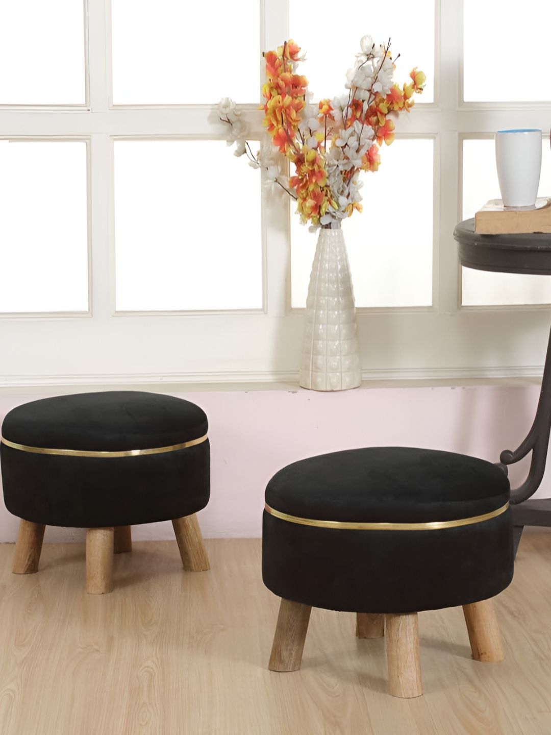 Shadowkart 2Pc Black Wooden Mudda Pouffe Ottoman-image-16