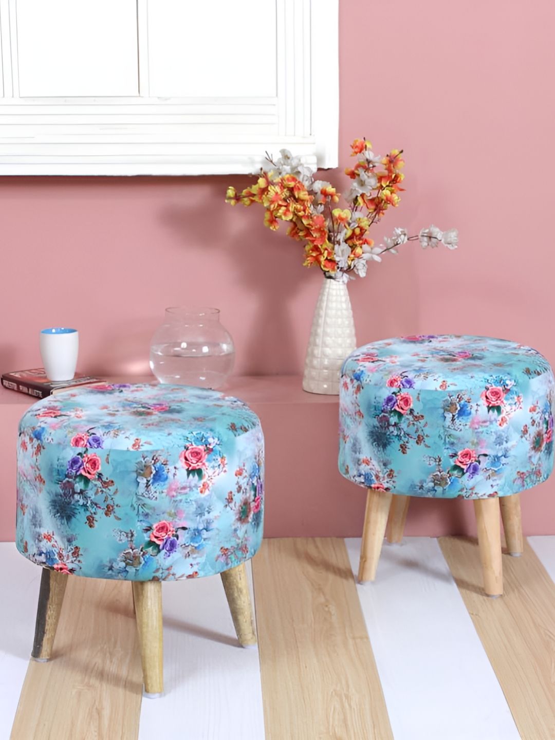 Shadowkart 2 Pcs Pink & Blue Printed Wooden Pouffe Ottoman-image-30
