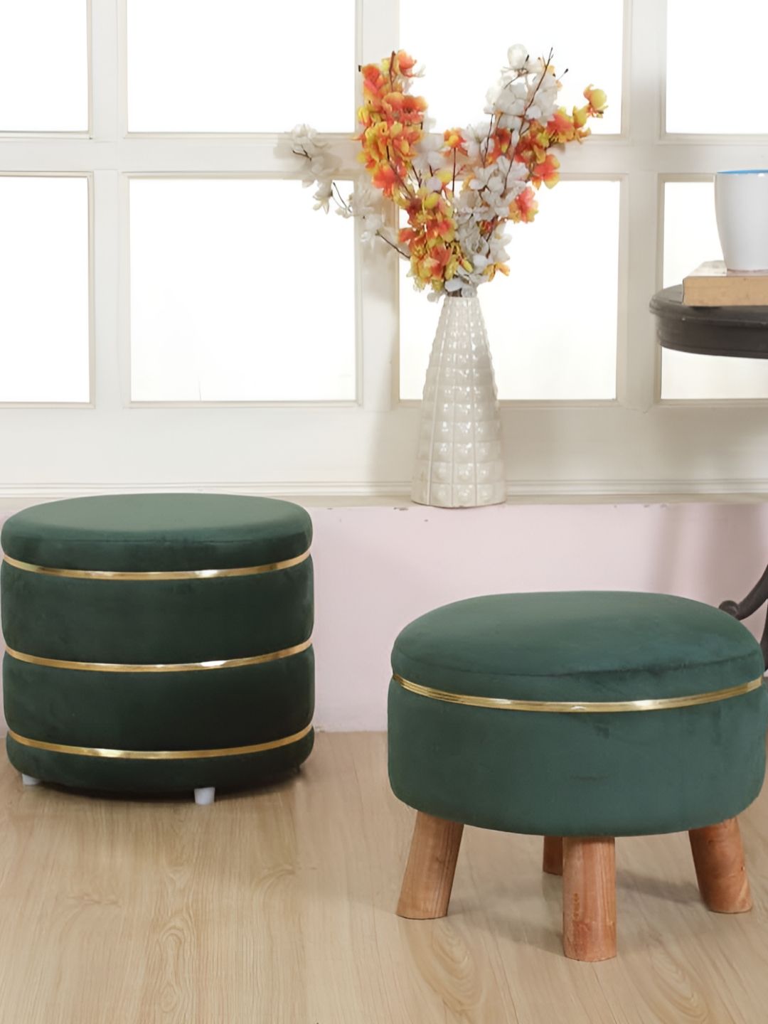 Shadowkart Set Of 2 Green Wooden Round Shaped Ottomans-picture-28