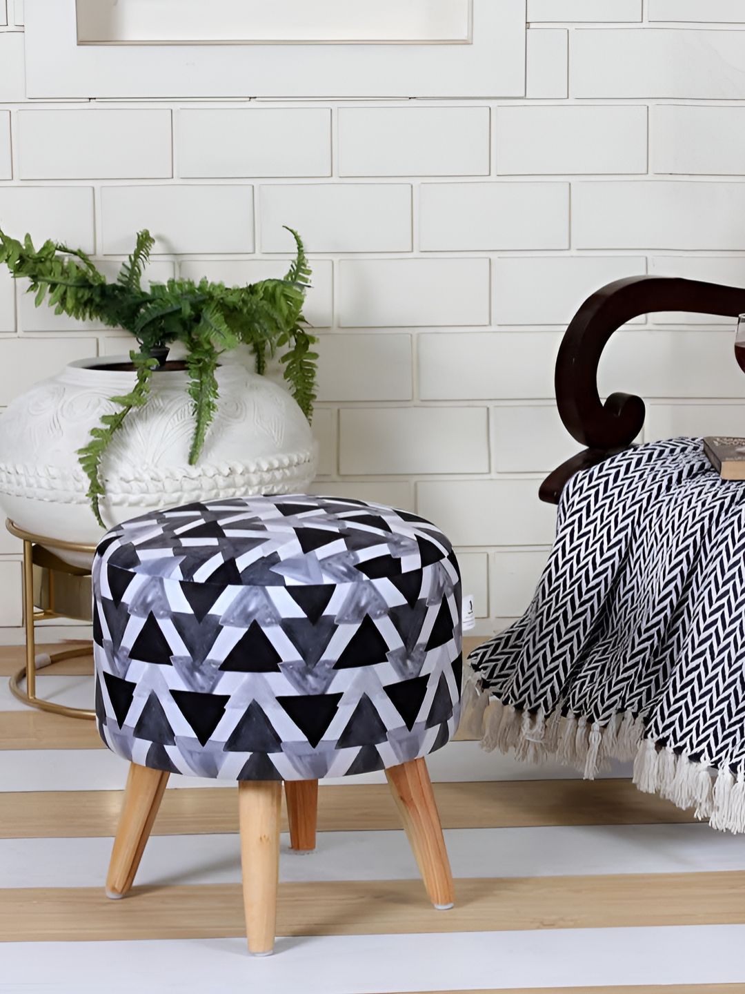 Shadowkart Black Printed Wooden & Velvet Mudda Pouffe Ottoman-picture-25