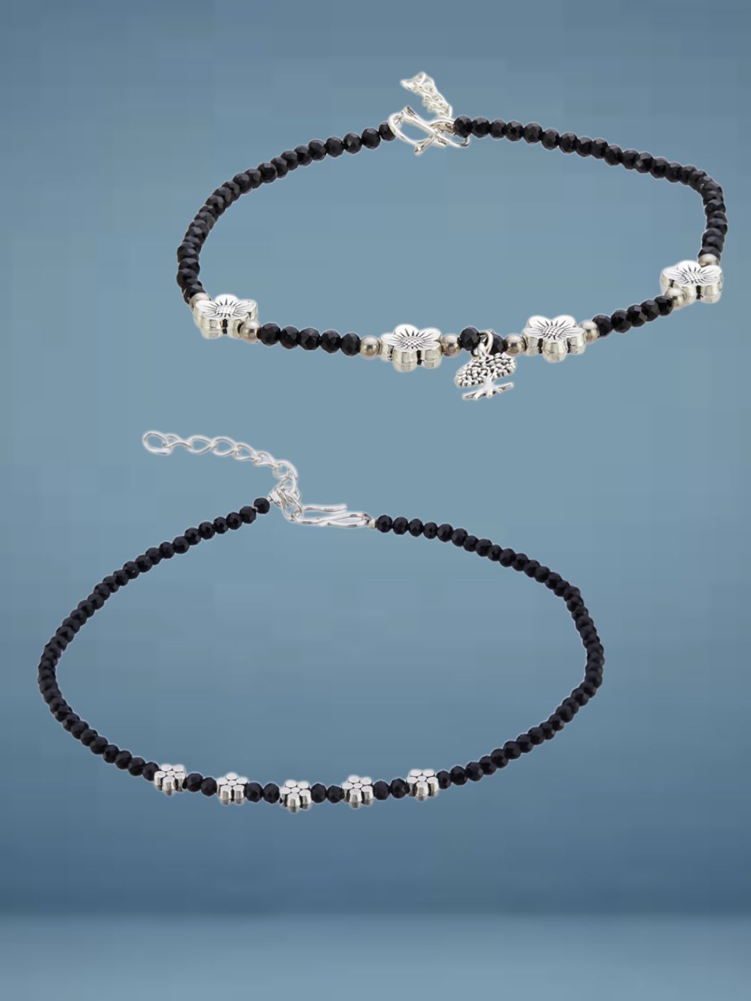 ATIBELLE Set Of 2  Silver-Plated Artificial Stones Studded And Beaded Anklet