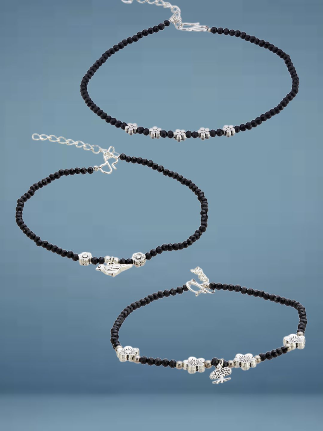 ATIBELLE Set Of 3  Silver-Plated Artificial Stones Studded And Beaded Anklet
