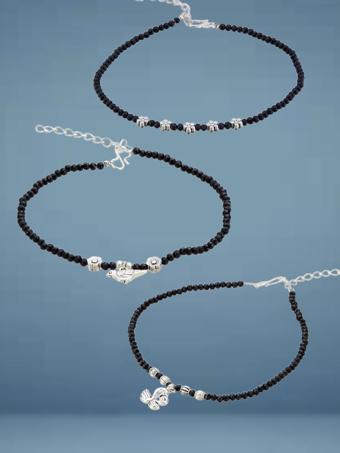 ATIBELLE Set Of 3  Silver-Plated Artificial Stones Studded And Beaded Anklet