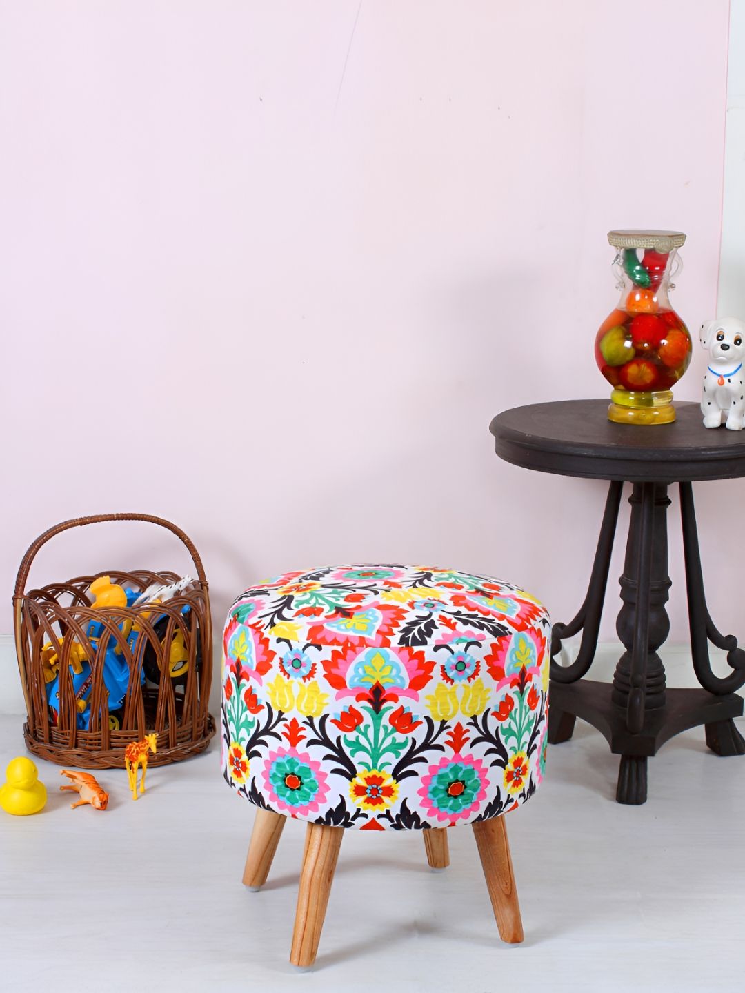 Shadowkart Red & Green Floral Printed Wooden Round Shaped Ottomans-picture-52