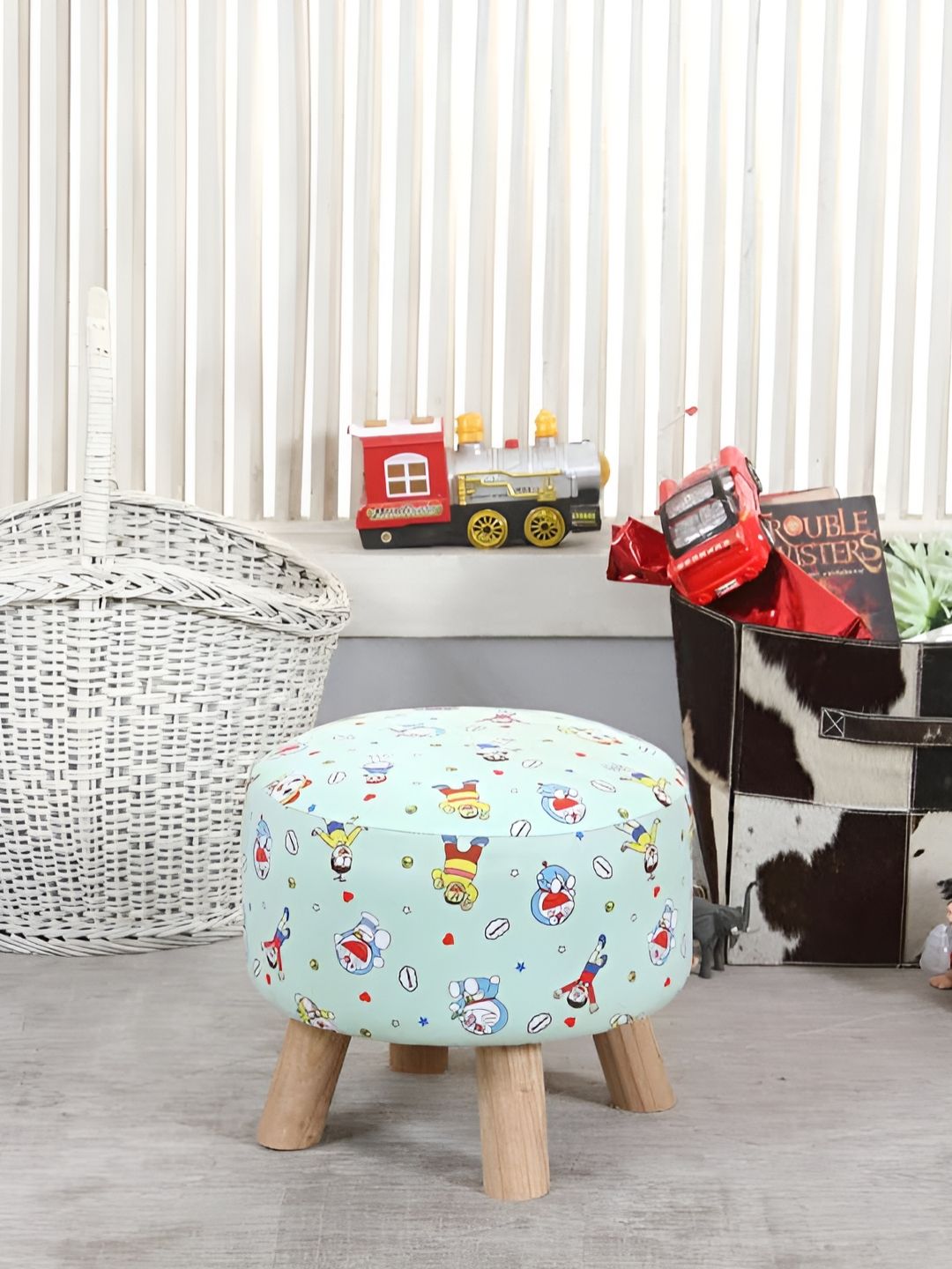 Shadowkart Blue Printed Wooden Pouffes Sitting Ottomans-image-8