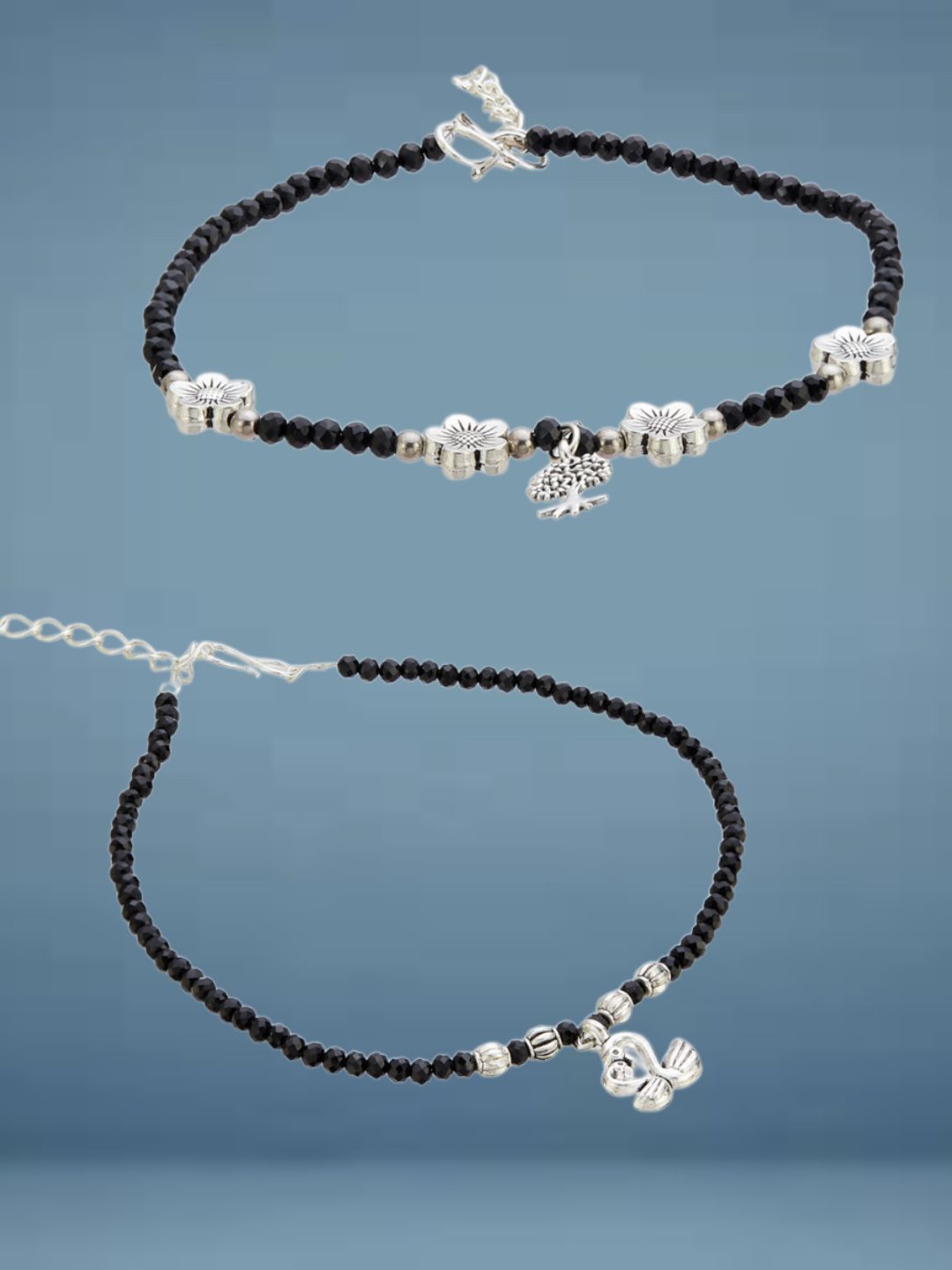 ATIBELLE Set Of 2  Silver-Plated Artificial Stones Studded And Beaded Anklet