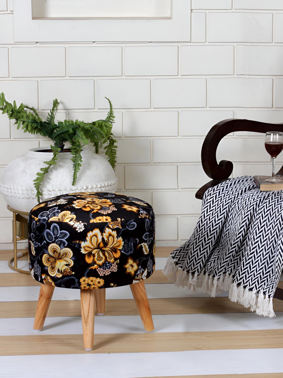 Shadowkart Black & Yellow Printed Wooden Pouffe Ottoman-picture-47
