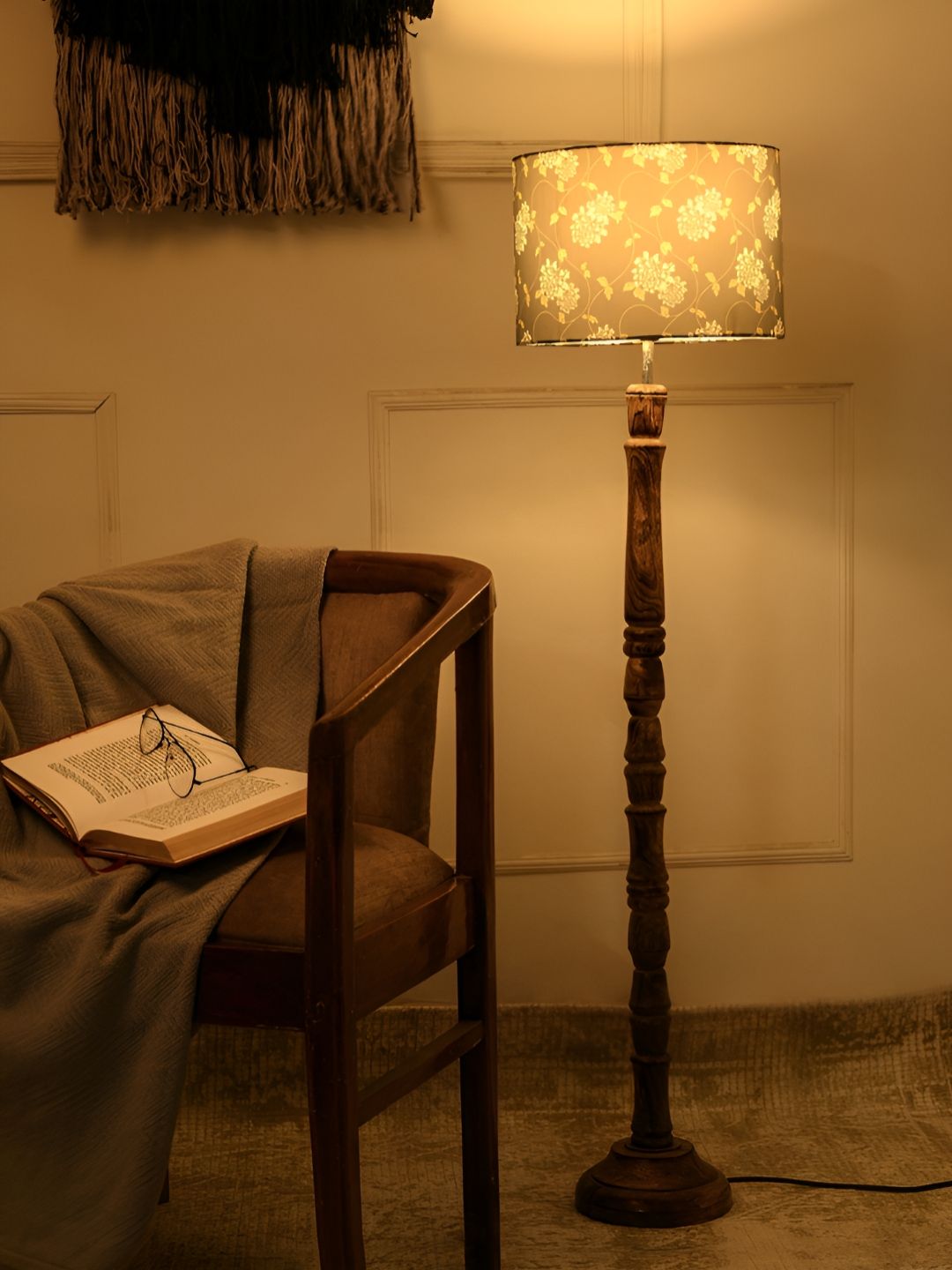 green girgit Grey & Brown Printed Wooden Cylindrical Floor Lamps With Shade-image-48