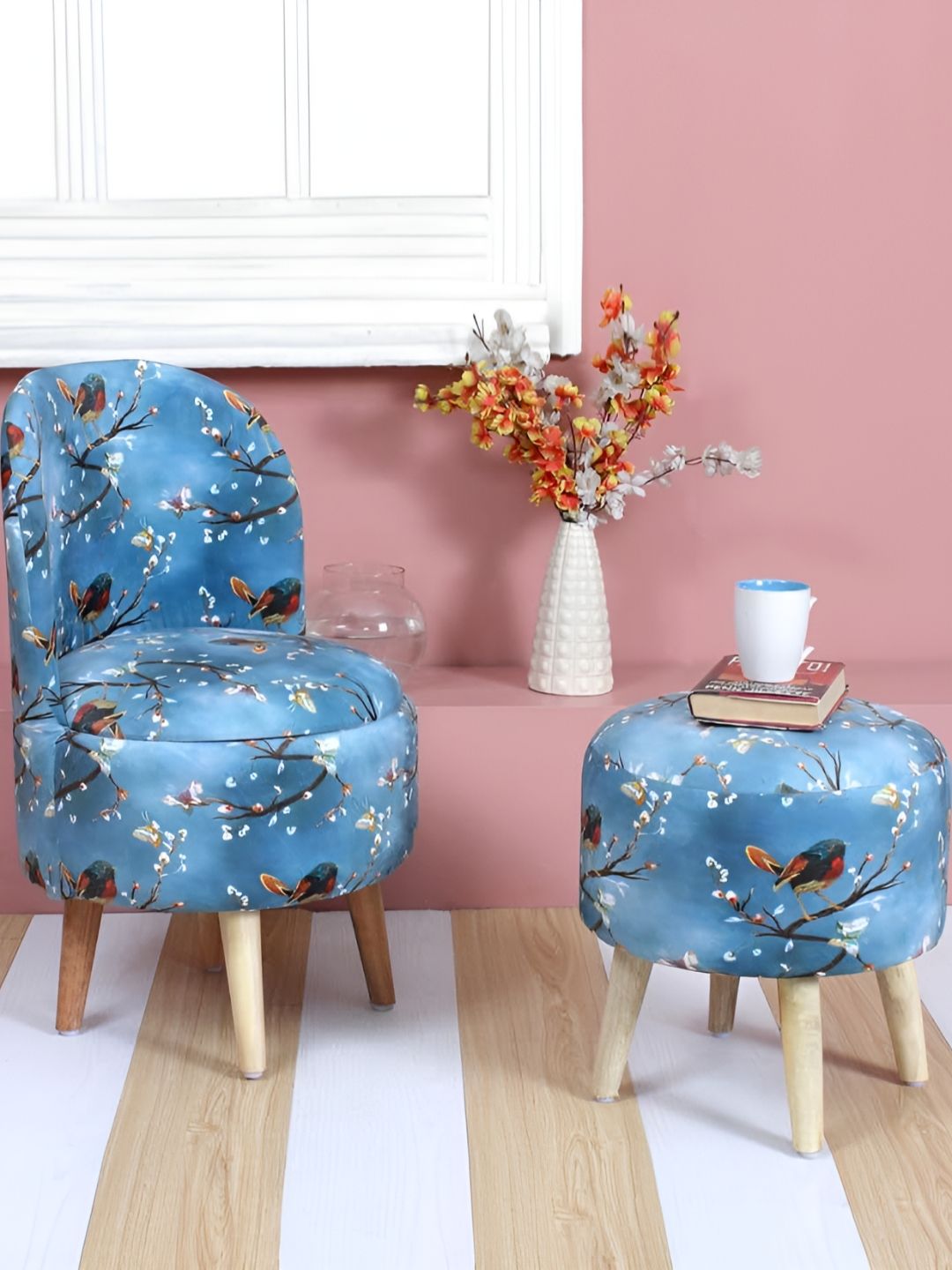 Shadowkart Set Of Blue & Brown Printed Wooden Pouffes Sitting Ottomans-picture-23