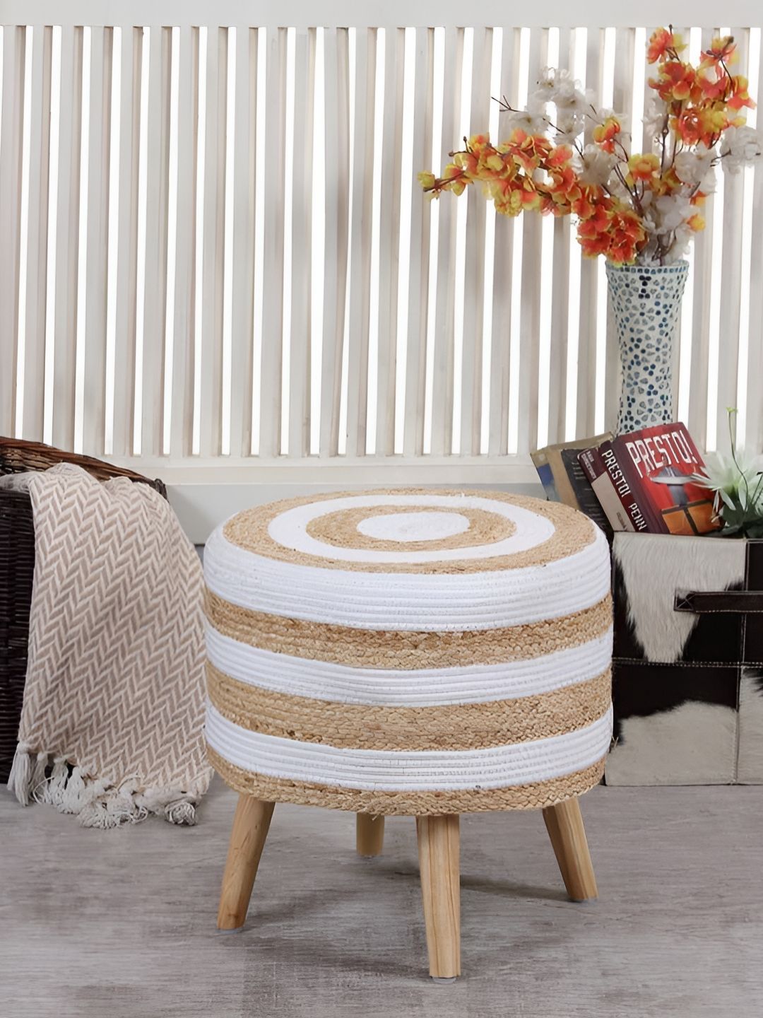 Shadowkart Brown & White Colourblocked Wooden Round Shaped Ottomans-picture-17