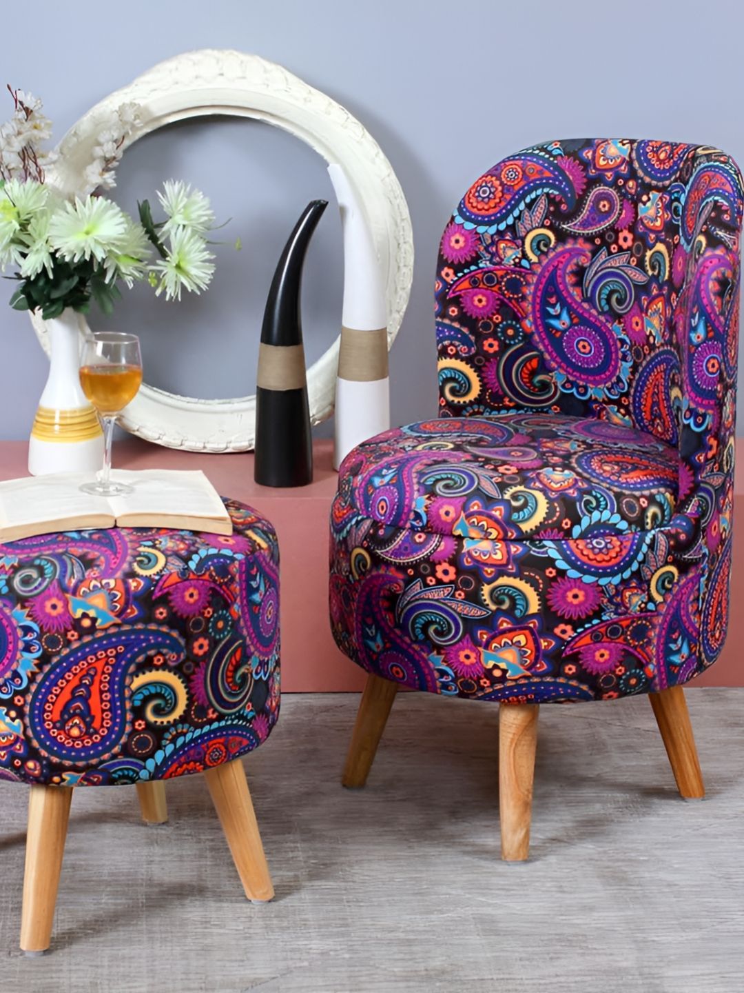 Shadowkart Set Of 2 Purple & Blue Printed Wooden Pouffes Sitting Ottomans-picture-24