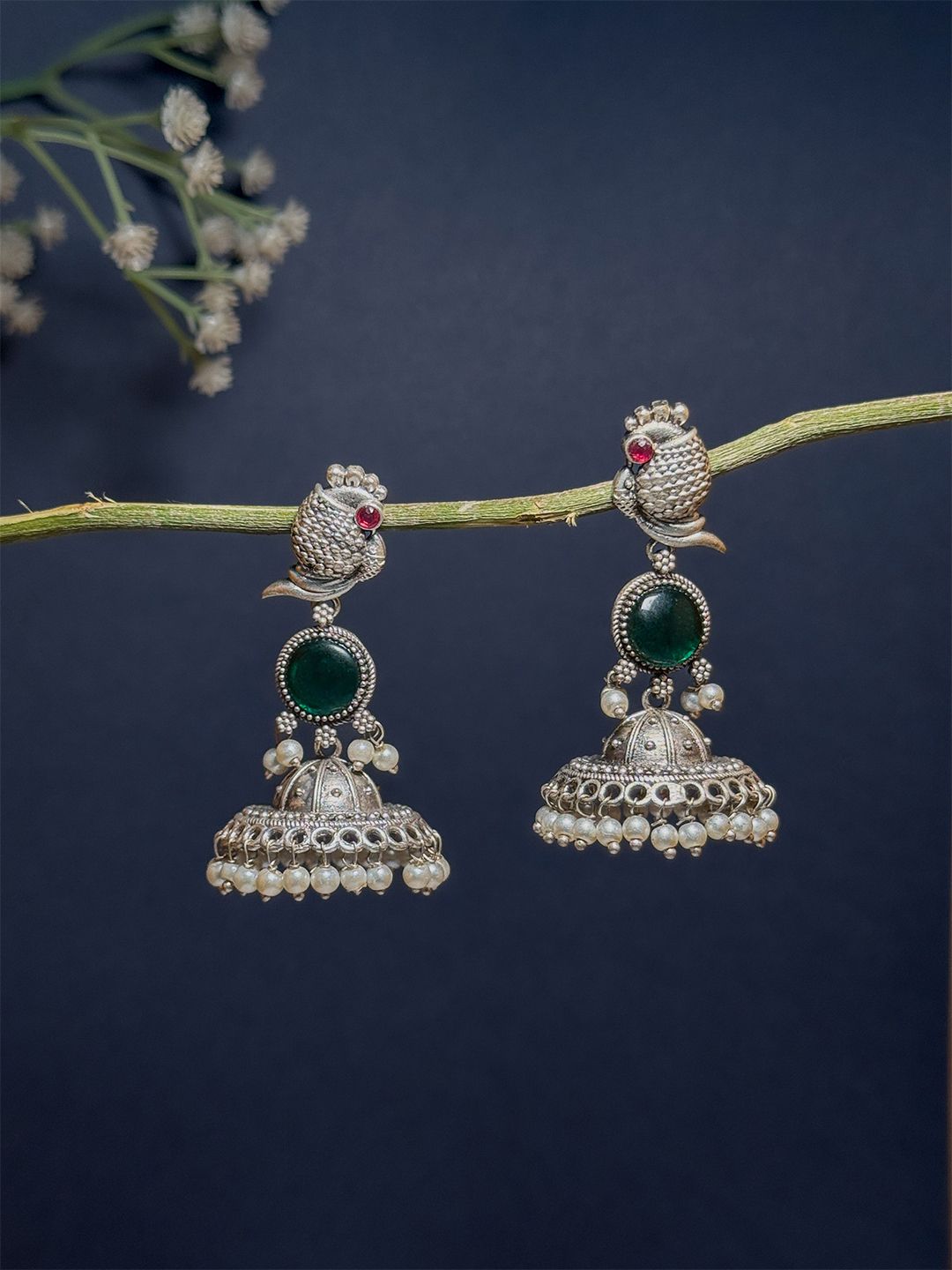 NAMAN ARTS Silver-Plated Artificial Stones Studded Oxidised Dome Shaped Jhumkas-picture-24