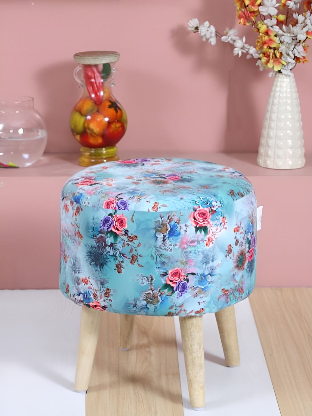 Shadowkart Pink & Blue Printed Wooden Pouffe Ottoman-image-19