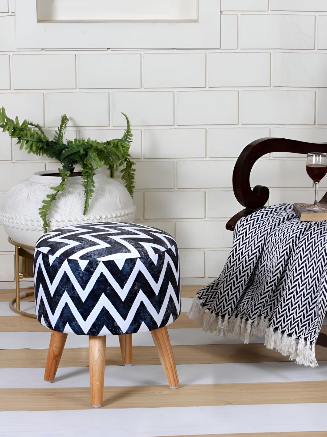 Shadowkart Black & White Printed Wooden Round Shaped Pouffe Ottomans-picture-22