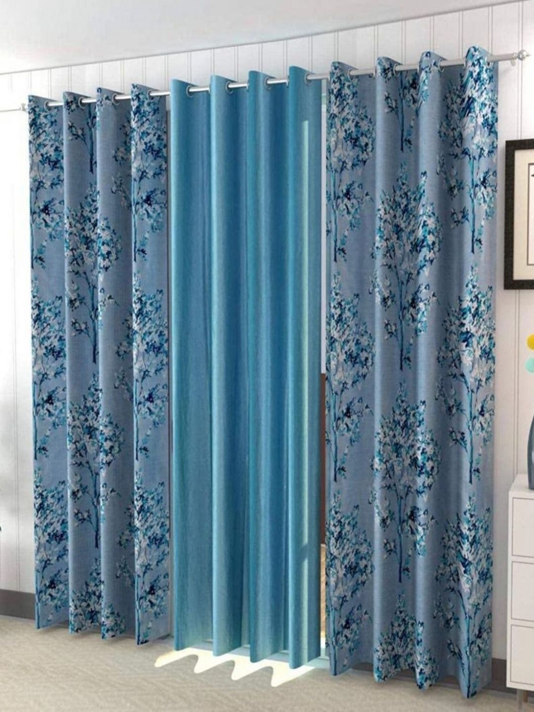 Galaxy Home Decor Blue Set of 3 Floral Door Curtain-picture-18