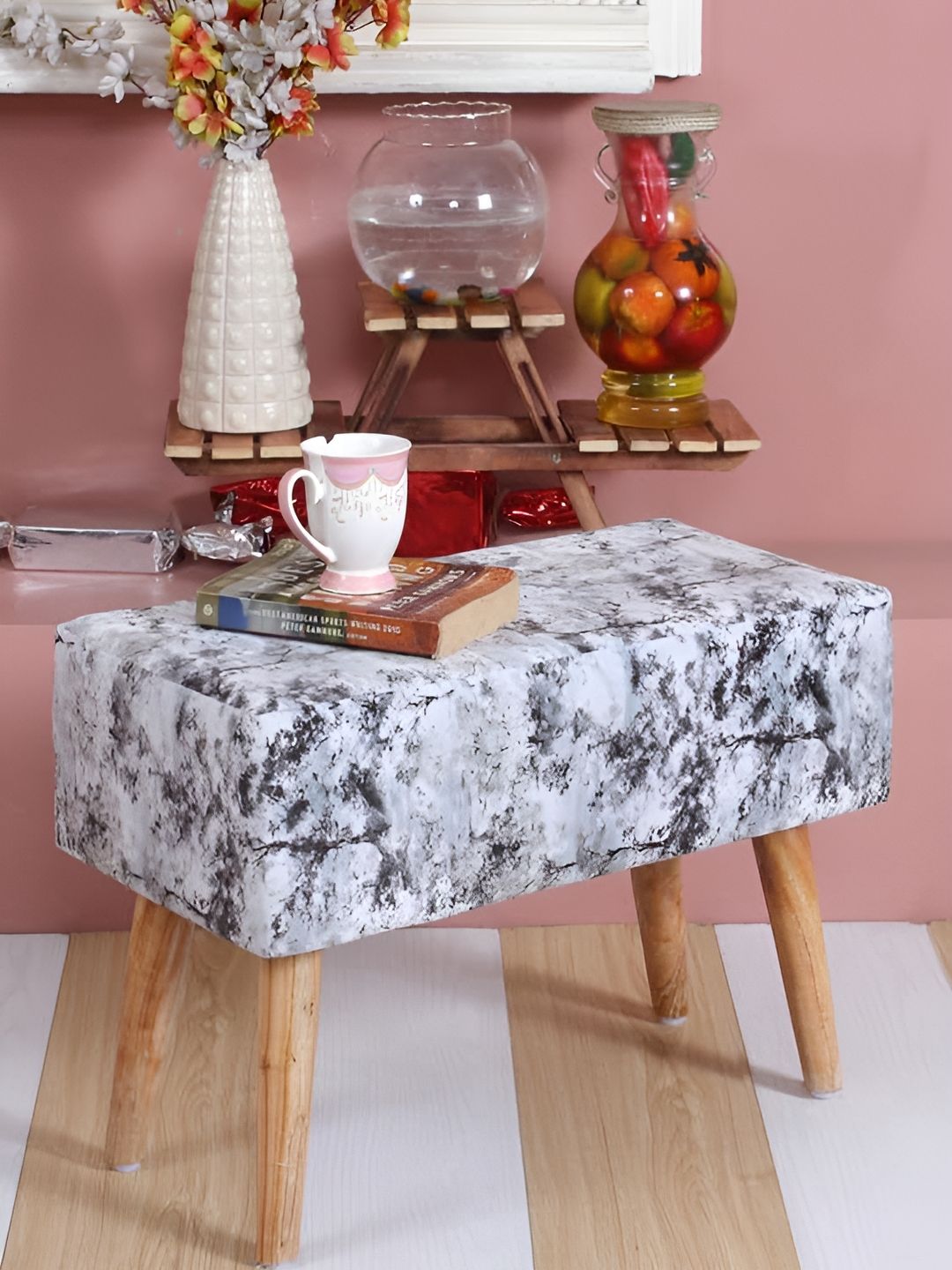 Shadowkart Black & Grey Printed Wooden & Velvet Mudda Pouffe Ottoman-picture-10