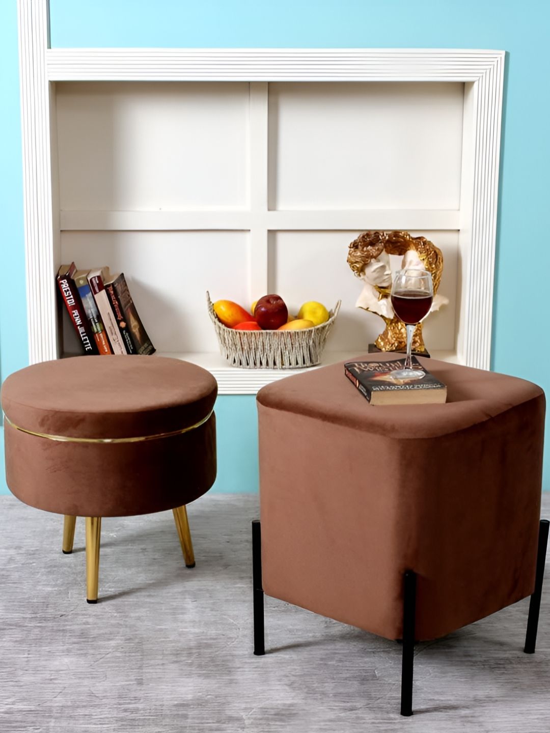 Shadowkart 2Pc Brown Wooden Mudda Pouffe Ottoman-picture-25